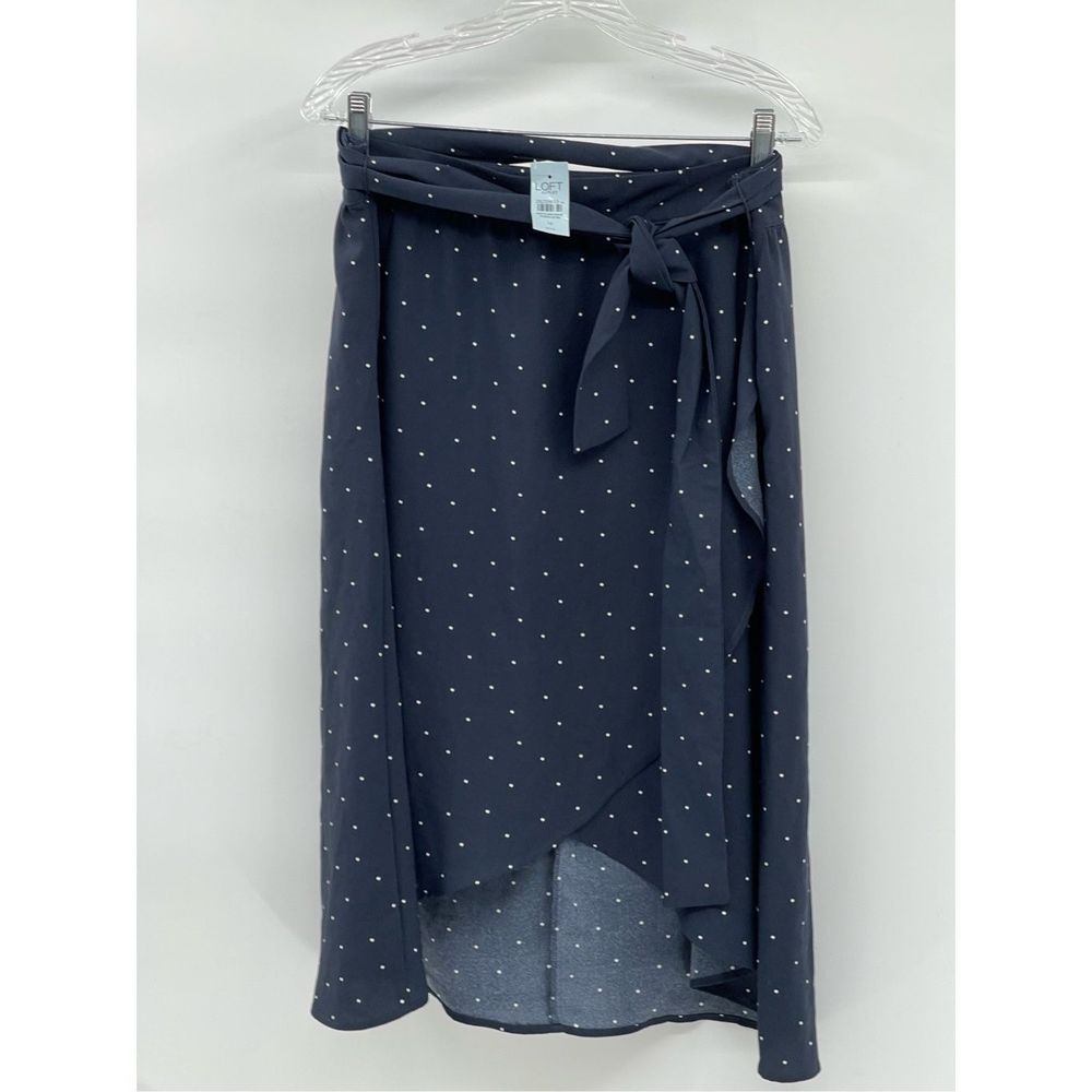 Ann Taylor Loft Skirt Wrap Women Size 14 Petite Navy Blue White Polka Dot New